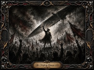 A defiant leader rises above a turbulent crowd beneath a vast knife-like shadow cutting across a stormy sky. Deep charcoal textures, smoky blacks, grays, and restrained crimson accents create a menacing revolutionary mood. Dramatic backlighting, torn banners, raised hands, and an ornate metallic frame intensify the theatrical, progressive-rock atmosphere.