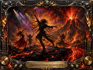 A wild dancer commands a fractured volcanic landscape as lava rivers blaze beneath an erupting mountain. Fiery reds, molten orange, black rock, and violet stage light create an explosive, theatrical mood. Thick painterly textures heighten the motion, while shadowy dancers, sparks, and an ornate instrument-inspired metallic frame amplify the dramatic rock atmosphere.