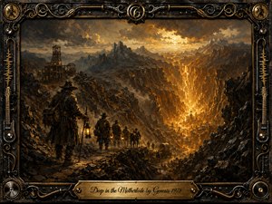 Rugged prospectors descend a shadowed mountain trail toward a glowing golden motherlode deep within a vast canyon. Dramatic amber light pierces smoky clouds and dark rock, creating an ominous yet adventurous mood. Rich oil-painted textures, weathered mining structures, lanterns, wagons, and an ornate metallic musical frame enhance the epic frontier atmosphere.