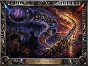 A dramatic surreal cityscape unfolds beneath stormy violet, crimson, and gold skies, where a cascading line of dominoes erupts through lightning and fire. Dreamlike bubbles reveal faces, musicians, interiors, and memories. Rich oil-painted textures, reflective water, theatrical lighting, and an ornate instrument-themed metallic frame create a tense, cinematic atmosphere.