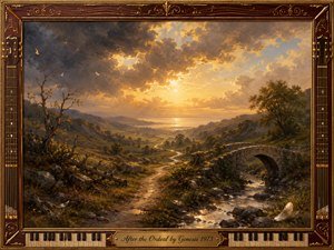 A luminous oil-painted valley glows beneath clearing storm clouds, where a winding path and sparkling stream lead toward a golden horizon. A weathered stone bridge, fallen branches, drifting feathers, and distant hills create a reflective, healing mood. An ornate rosewood-and-gold musical frame with piano keys and guitar strings completes the composition.