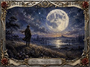 A solitary figure stands beneath an enormous luminous moon overlooking a dreamlike river valley, distant spires, and shadowy trees. Deep indigo, silver, and muted gold create a mysterious, contemplative mood. Rich oil-painted textures and swirling skies enhance the fantasy atmosphere, while an ornate musical frame of roses, piano keys, strings, and engraved title plate completes the composition.