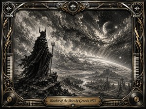 A solitary crowned watcher stands on a jagged cliff beneath turbulent cosmic skies, surveying a ruined world and glowing planetary horizon. Deep charcoal textures, smoky grays, silver highlights, and dramatic celestial light create a mysterious, prophetic mood. An ornate chrome-and-gold musical frame surrounds the scene, with stars, keyboards, vinyl motifs, and an engraved title plate.