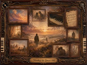 A solitary figure wanders through a hazy golden landscape surrounded by vintage rosewood-framed memories of lovers, musicians, piano keys, sheet music, and fading gatherings. Warm amber, bronze, and muted violet tones glow beneath a luminous sunset, while ornate musical hardware and gold filigree create a nostalgic, dreamlike, painterly frame.