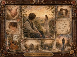 A nostalgic rosewood-framed collage portrays a young couple drifting apart in a golden English countryside, surrounded by faded memories of clasped hands, tender smiles, an acoustic guitar, handwritten notes, and solitary paths. Warm sepia, dusty rose, cream, and amber tones glow softly through layered oil, acrylic, and watercolor textures, creating a tender, bittersweet atmosphere.