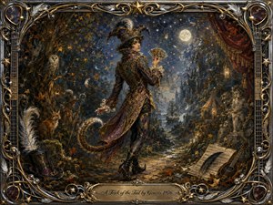 A mysterious jester stands in an enchanted moonlit woodland, holding ornate playing cards beside a winding path toward a distant ship and glowing carnival. Rich blues, golds, burgundy, and autumn browns create a dreamlike theatrical mood. Intricate oil-paint textures, owls, foxes, feathers, instruments, stars, and gilded musical framing add whimsical detail.