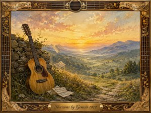 A warm watercolor-and-gouache landscape shows an acoustic guitar resting beside a stone wall above a peaceful valley at sunrise. Golden light washes over rolling hills, distant blue mountains, wildflowers, and drifting sheet music. An ornate guitar-themed frame with gold inlay surrounds the nostalgic scene, completed by an engraved brass title plate.