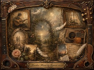 A nostalgic, dreamlike collage unfolds within an ornate rosewood and gold guitar-themed frame, blending faded portraits, acoustic instruments, roses, feathers, sheet music, and moonlit landscapes. Warm sepia, amber, and muted blue tones glow beneath soft, hazy lighting, creating a tender, introspective mood with richly layered painterly textures.