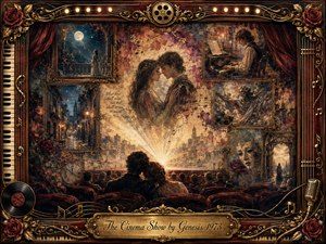 A richly ornate cinema collage unfolds around a tender young couple watching a glowing screen filled with romantic memories, moonlit streets, musicians, masks, and mythic figures. Warm sepia, burgundy, gold, and midnight blue create a nostalgic dreamlike mood, while painterly textures, roses, musical motifs, marquee lights, and carved framing add theatrical elegance.
