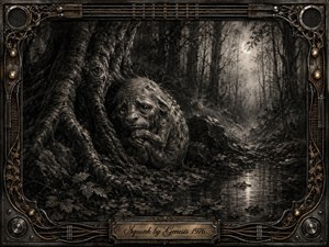 A sorrowful, troll-like Squonk crouches beside ancient twisted roots in a moonlit forest, surrounded by dense shadows and a reflective woodland stream. Deep charcoal textures, muted blacks, grays, and bronze accents create a melancholy gothic mood. An ornate music-themed metal frame and engraved title plate complete the haunting composition.