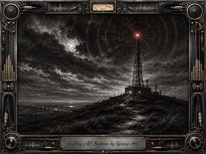 A lonely radio transmission tower rises above a windswept hill beneath turbulent charcoal clouds, sending faint red signal rings into the night. A winding path leads toward the station, while distant lights shimmer below. Deep grayscale textures, smoky shading, and crimson accents create an isolated, searching mood within an ornate audio-inspired metallic frame.