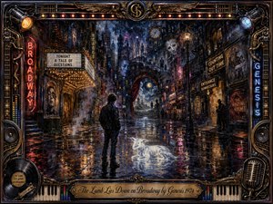 A solitary man stands on a rain-soaked, surreal Broadway street beside a ghostly white lamb, surrounded by shadowy figures, theatrical signs, masks, and glowing windows. Deep blues, blacks, amber, and crimson reflections create a mysterious dreamlike mood. Rich painterly textures and dramatic lighting are enclosed by an ornate music-inspired frame.
