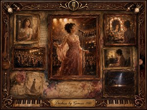 A nostalgic collage portrays a glamorous singer rising beneath warm stage lights, surrounded by framed memories of auditions, applause, dressing rooms, solitude, and an empty theater. Rich rosewood, antique gold, sepia, burgundy, and amber tones create a tender melancholy, while painterly textures, musical ornaments, and fading details suggest fame slipping into memory.