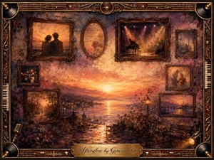 A nostalgic rosewood-framed memory gallery surrounds a glowing lakeside sunset, blending romance, solitude, and musical reverie. Warm amber, copper, violet, and rose tones illuminate faded portraits, landscapes, and a softly lit stage. Rich oil-and-watercolor textures, ornate musical details, and the engraved title plate create a tender, dreamlike afterglow.