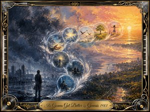 A solitary figure stands beside a storm-darkened waterfront as luminous feathered bubbles sweep upward in an S-curve toward a radiant golden horizon. Cool blues and grays gradually transform into warm amber and rose tones, symbolizing hope and renewal. Textured gouache-style brushwork, glowing reflections, symbolic scenes, and an ornate music-themed frame create an uplifting, reflective atmosphere.