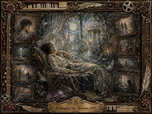 A dreamlike figure reclines in an ornate chair beneath a moonlit garden pavilion, surrounded by fading framed memories, roses, feathers, musical instruments, and curling luminous threads. Muted blues, sepia browns, and antique gold create a wistful, hypnotic mood, while soft nocturnal light and richly layered painterly textures evoke memory, sleep, and emotional entanglement.