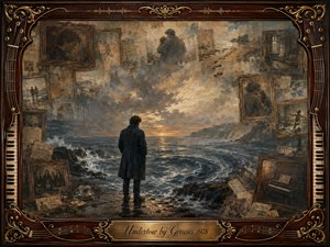 A solitary figure stands before a turbulent sea at sunset, surrounded by fading framed memories of faces, embraces, empty rooms, and distant shores. Muted blue-gray waves contrast with sepia and amber tones, while soft golden light breaks through storm clouds. Ornate rosewood, gold, piano, and string details frame the melancholic painterly collage.