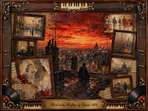 A solitary figure sits on rain-darkened rooftops beneath a fiery crimson sunset, overlooking a somber old city. Faded photographs, newspapers, sheet music, and sepia memories surround the scene in ornate rosewood frames. Warm gold, rust, black, and red tones create a nostalgic, melancholy collage with richly textured painterly detail.