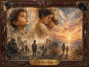 A nostalgic painterly collage contrasts hardship with tenderness and hope, blending a thoughtful child, a mother cradling her baby, ruined streets, a white dove, and children walking toward a radiant sunset. Warm gold, sepia, dusty blue, and rose tones glow through textured oil-and-watercolor brushwork, framed by ornate musical details.