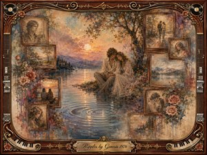 A romantic couple rests beside a tranquil lake at sunset, surrounded by faded portraits and nostalgic rosewood frames. Warm amber, rose, blue, and sepia tones create a tender, dreamlike mood. Painterly textures blend oil, acrylic, and watercolor effects, while rippling water, roses, musical details, and ornate framing suggest memory and passing time.