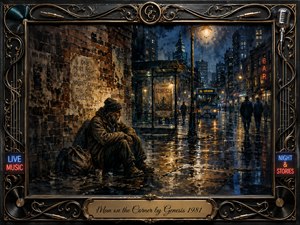 A weary man sits alone beside a rain-darkened brick wall on a nighttime city corner, surrounded by passing strangers, glowing streetlights, and wet pavement reflections. Deep blues, charcoal tones, and warm amber highlights create a melancholy mood. Painterly textures, concert imagery, neon accents, and an ornate music-themed frame enrich the composition.