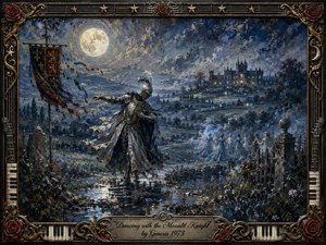 A solitary armored knight dances beneath a luminous full moon in a dreamlike medieval garden, with a distant castle glowing across misty hills. Deep blues, silver moonlight, and muted gold create a mysterious romantic mood. Richly textured oil-paint styling, flowing banners, ghostly dancers, roses, and an ornate musical frame complete the scene.
