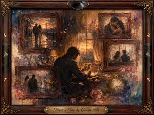 A solitary man studies an old photograph in a warmly lit room, surrounded by rosewood-framed memories of love, rain-soaked streets, and tender embraces. Amber, dusty rose, gold, and smoky blue tones blend through oil, acrylic, and watercolor textures, while drifting petals, a vintage clock, and ornate musical framing deepen the bittersweet nostalgia.