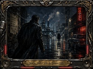 A shadowy figure stalks a rain-soaked industrial street beneath smoky night skies, creating a tense noir atmosphere of pursuit and secrecy. Dark charcoal blues and blacks contrast with glowing red neon and wet reflections. The richly textured painterly scene is enclosed by an ornate chrome-and-gold musical frame with engraved title plate.