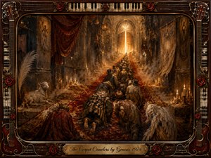 A solemn procession of crawling figures follows a crimson carpet through a candlelit, cathedral-like hall toward a glowing doorway. Warm gold, sepia, bronze, and deep red tones create a mystical, dreamlike mood. Rich painterly textures, drifting haze, a resting lamb, roses, piano keys, and guitar details enrich the ornate musical frame.