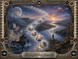 A dreamlike river valley unfolds beneath a moonlit, star-filled sky, with a solitary figure overlooking shimmering water and a grand piano resting near the shore. Glowing memory bubbles sweep upward in an elegant S-curve. Deep blues, golds, and lavender light create a mystical oil-painted atmosphere, framed by ornate musical hardware and piano keys.
