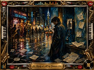 SongData_No_Reply_at_All_Genesis_1981 A solitary man stands beside a payphone on a rain-soaked city street while jazz musicians perform beneath glowing neon lights. Deep blues, black shadows, warm golds, and reflected reds create a lonely, restless mood. Expressive oil-paint textures, scattered sheet music, records, saxophones, and an ornate musical frame heighten the dramatic atmosphere.