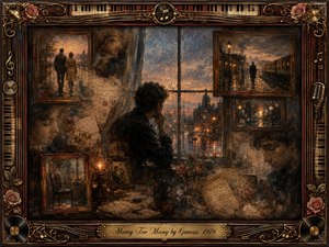A solitary figure sits beside a rain-streaked window, surrounded by faded photographs, handwritten letters, roses, and memories of love and departure. Warm amber lamplight contrasts with cool blue-gray rain outside, creating a wistful, melancholy mood. Layered oil-paint textures and ornate musical framing give the nostalgic collage a timeless, intimate atmosphere.
