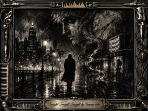 A solitary figure crosses a rain-slicked city at midnight beneath glowing streetlamps, swirling charcoal fog, a ghostly face, and a looming Roman-numeral clock. Deep blacks, silvery whites, and restrained gold accents create a tense noir mood. An ornate music-themed frame of microphones, piano keys, cables, vinyl records, and engraved metal completes the dramatic composition.