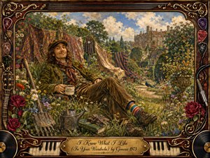 A relaxed, eccentric gardener lounges amid wildflowers and richly patterned fabrics in a lush English estate garden, radiating playful confidence and quiet rebellion. Warm golden sunlight, deep greens, reds, and earthy browns enhance the detailed painterly style, while roses, garden tools, musical motifs, and an ornate instrument-themed frame create whimsical 1970s nostalgia.