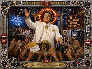 A flamboyant televangelist in a gleaming white suit commands a lavish television stage, surrounded by cameras, raised hands, cash offerings, choir members, and glowing religious spectacle. Saturated reds, golds, blues, and bright spotlights create a theatrical, satirical mood. Thick painterly textures and an ornate chrome-and-gold musical frame heighten the excess.