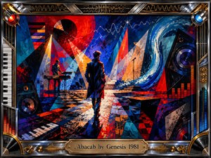 A lone figure crosses a vivid, futuristic stage filled with keyboards, speakers, geometric shards, and sweeping sound-wave forms. Electric reds, deep blues, orange, and turquoise create a tense, energetic mood under dramatic spotlights. Bold acrylic-like textures, abstract patterns, chrome details, vinyl records, and the ornate musical frame amplify the theatrical atmosphere.