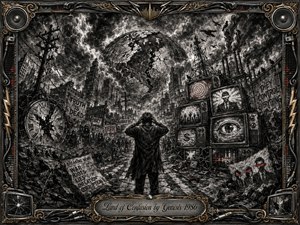 A lone figure faces a shattered city beneath a cracked globe, surrounded by riot crowds, broken clocks, tangled wires, and flickering televisions. Deep charcoal textures, smoky grays, and restrained red accents create an anxious, apocalyptic mood. Ornate chrome and gold music-themed framing intensifies the dramatic, expressionist composition.