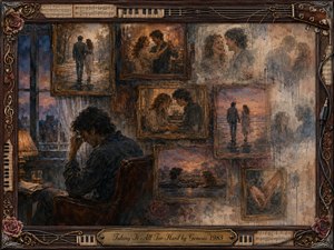 A solitary man sits beside a rain-streaked window, surrounded by framed memories of love, dancing, music, and quiet companionship. Warm sepia, amber, blue, and rose tones fade into distressed textures, creating wistful melancholy. Ornate rosewood, gold inlay, piano keys, guitar strings, roses, and sheet music frame the nostalgic mixed-media collage.