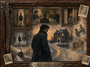A solitary young man stands on a snowy road before a dark ancestral home, surrounded by fading framed memories of childhood, family tension, and departure. Muted browns, charcoal blacks, icy blues, and warm amber light create a sorrowful, reflective mood. Painterly textures, antique frames, guitar strings, and ornate metalwork deepen the sense of estrangement.