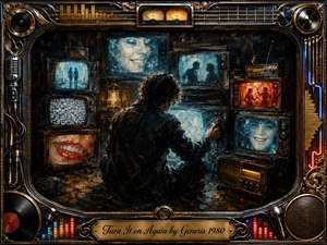 A solitary figure faces a wall of glowing vintage televisions in a dark, intimate room, surrounded by flickering faces, silhouettes, static, and warm radio light. Deep blues, amber, red, and gold create a restless nostalgic mood. Thick impressionistic brushwork contrasts with an ornate music-inspired frame of records, meters, cables, and chrome details.