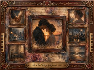 A tender couple leans together at sunset within a nostalgic collage of rosewood-framed memories, including clasped hands, rain-streaked windows, city lights, an empty chair, and a moonlit shore. Warm amber, dusty rose, teal, and twilight blue tones blend through painterly textures, surrounded by ornate musical gold detailing and roses.