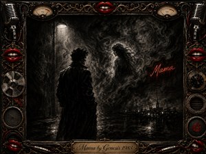 A solitary man faces a ghostly woman emerging from swirling charcoal darkness beside a rain-slicked waterfront, creating a haunting mood of obsession and longing. Stark white light cuts through smoky blacks and grays, while vivid red lips punctuate the ornate gold-and-chrome musical frame, crowned by microphones, meters, speakers, and an engraved title plate.