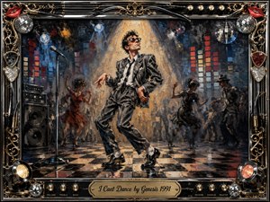 A sharply dressed man strikes an awkward, swaggering dance pose beneath a warm spotlight on a reflective checkerboard floor. Smoky blue, charcoal, amber, and red tones surround blurred dancers, speakers, and equalizer lights. Thick oil-and-acrylic textures heighten the playful irony, while an ornate chrome-and-gold music-themed frame adds theatrical flair.
