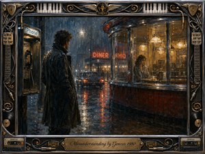 A solitary man stands in a rain-soaked nighttime street, watching a woman seated inside a warmly lit diner, evoking distance, regret, and emotional confusion. Deep blues, amber golds, and reflected neon shape the moody oil-painted scene, framed by ornate chrome, piano keys, guitar strings, records, and vintage musical details.