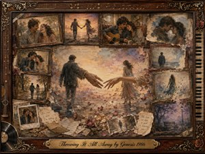 A nostalgic collage of fading romantic memories surrounds two separating lovers whose outstretched hands nearly touch. Warm sepia, dusty rose, amber, and lavender tones glow beneath soft twilight light. Vintage rosewood frames, torn letters, petals, photographs, musical details, and a gold title plate create a richly layered, bittersweet painterly atmosphere.
