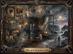 A haunted seaside room opens toward moonlit cliffs and restless waves, blending decaying interiors with ghostly figures and faded family portraits. Muted blues, charcoal grays, antique browns, and warm lamplight create a melancholic atmosphere. Painterly textures, drifting curtains, ornate framing, vinyl records, and musical details suggest memories trapped between home and sea.