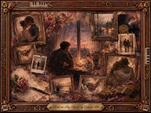 A solitary man sits beside a rain-speckled window at sunset, surrounded by rosewood-framed memories of embraces, clasped hands, letters, photographs, roses, and a vinyl record. Warm amber, burgundy, mauve, and dusky blue tones create a tender, wistful mood, rendered in richly textured oil, acrylic, and watercolor layers.