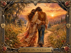 A romantic hippie couple walks arm in arm through a sunlit wildflower meadow toward a glowing mountain sunset. Warm gold, amber, rust, and soft blue tones create a tender, nostalgic mood. Painterly textures blend oil, acrylic, and watercolor effects, while an ornate guitar-string, rose, and metallic frame surrounds the scene.