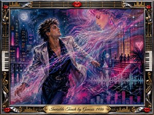 A stylish man moves through a neon-lit city night as a luminous woman appears above him, her translucent hands and swirling energy suggesting an irresistible unseen connection. Electric pink, violet, cyan, silver, and gold glow across the acrylic-style scene, framed by chrome, piano keys, guitar strings, red lips, and musical motifs.