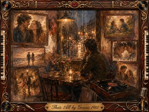 A solitary man sits beside a rain-streaked window, surrounded by framed memories of romance, dancing, and seaside walks. Warm amber, brown, and muted blue tones create a wistful, intimate mood. Painterly textures blend oil and watercolor effects, while vinyl records, piano keys, cables, roses, and ornate gold details form a nostalgic musical frame.